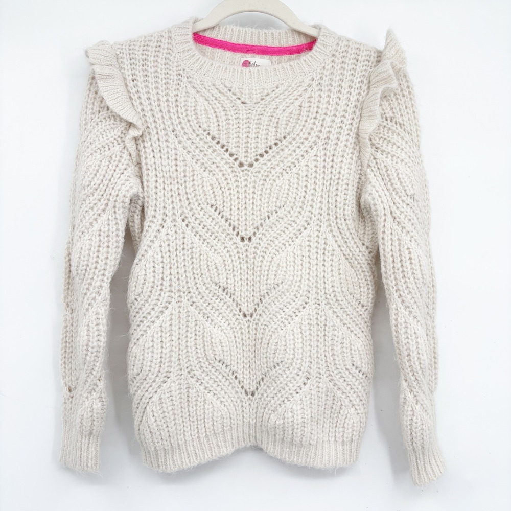Boden Girls Ivory Ruffle Shoulder Cottagecore Pointelle Knit Sweater Size 9-10Y